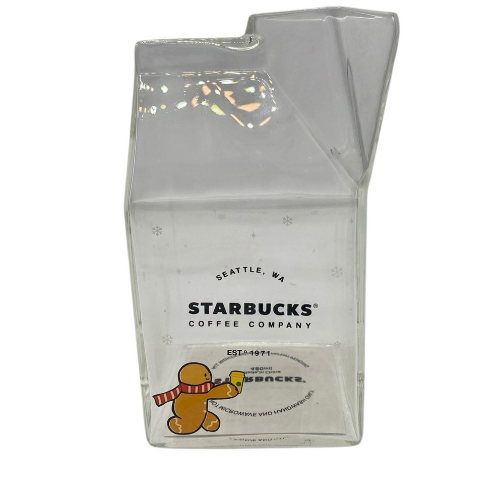 Starbucks Clear Glass Milk Carton with Gingerbread Design Cup Creamer